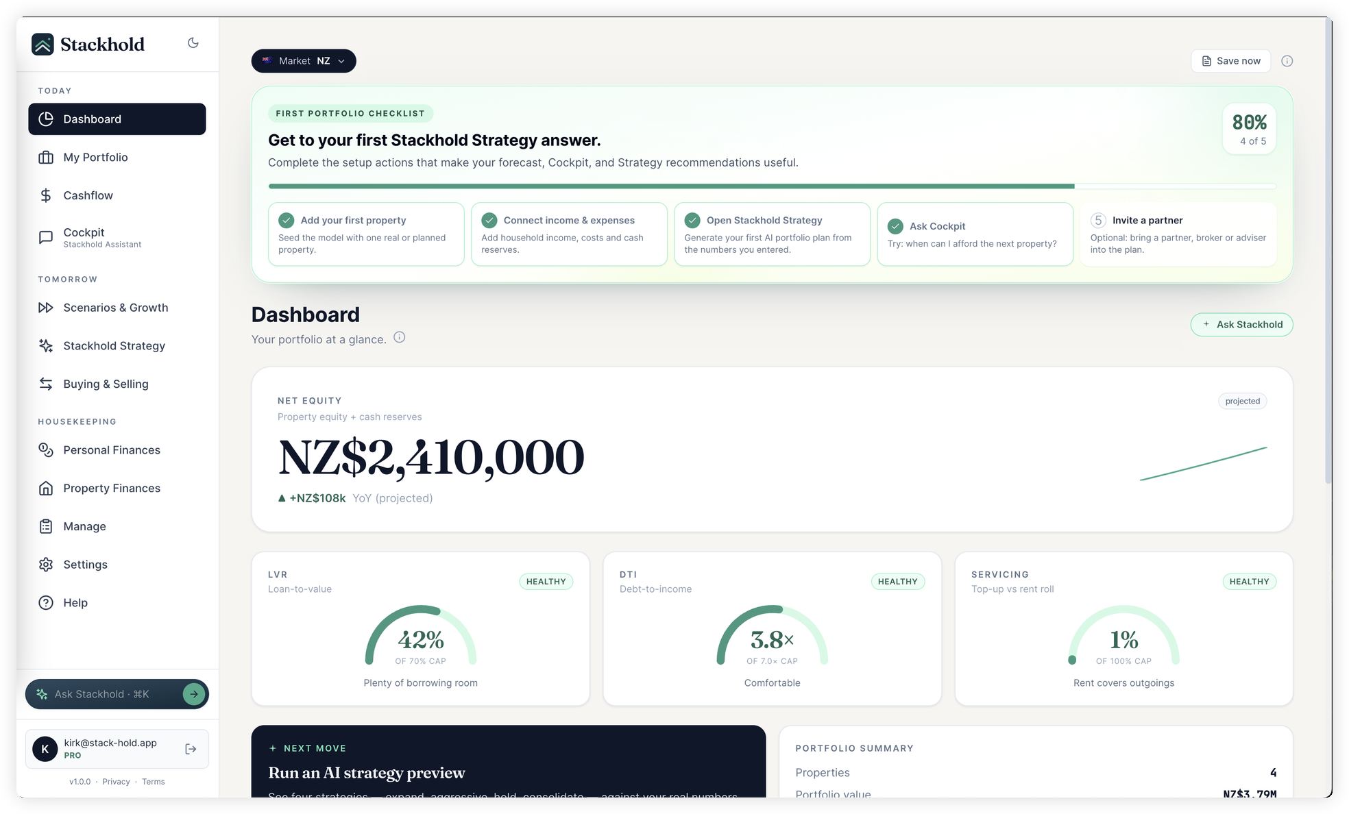 Stackhold dashboard showing net equity, lending headroom, and projected growth