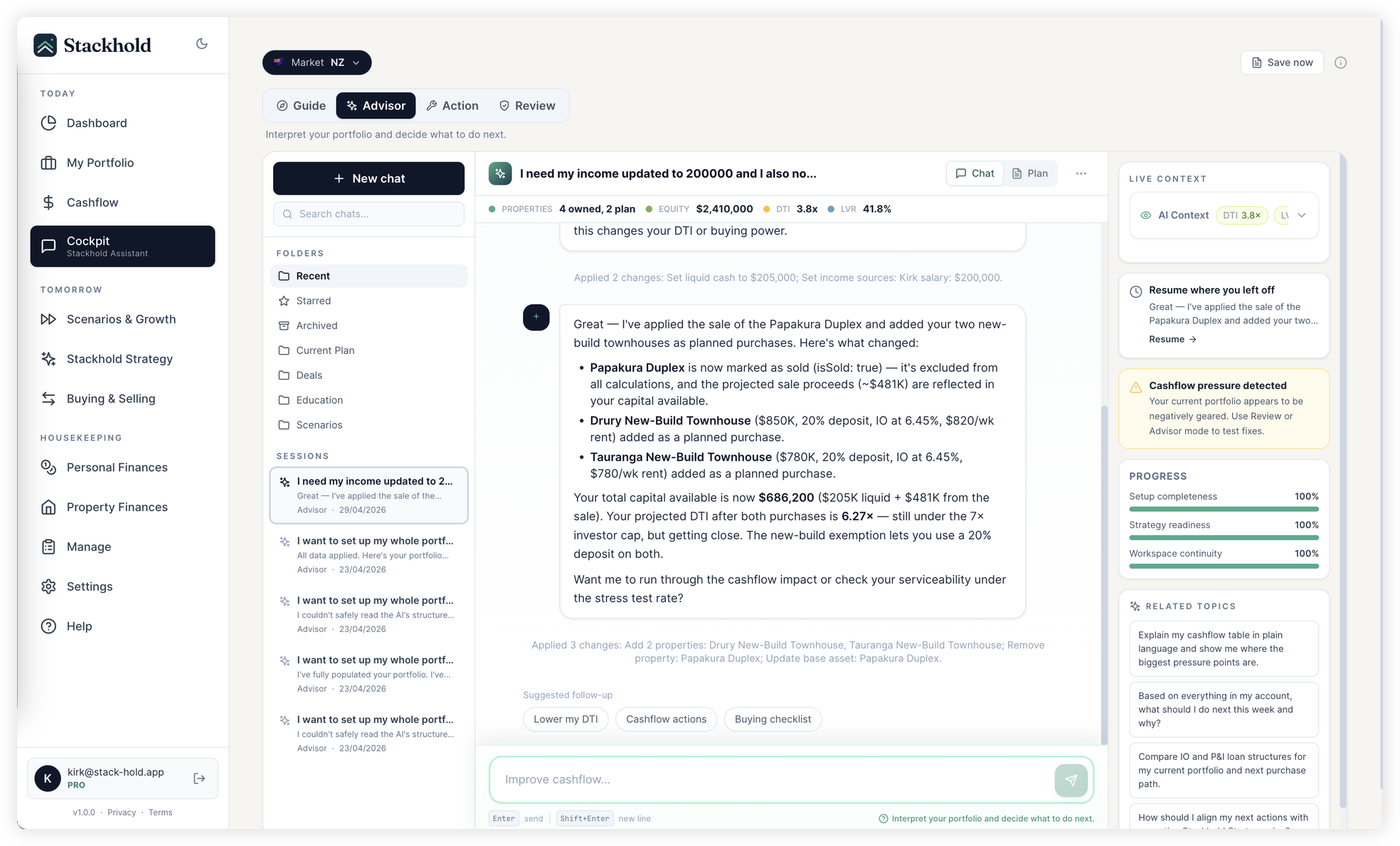 Stackhold Cockpit showing natural language conversation with the Strategist about selling a property and buying townhouses