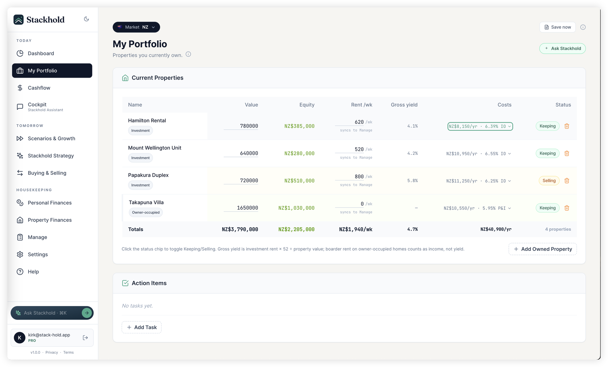 Stackhold portfolio view showing live equity, LVR band, and serviceability