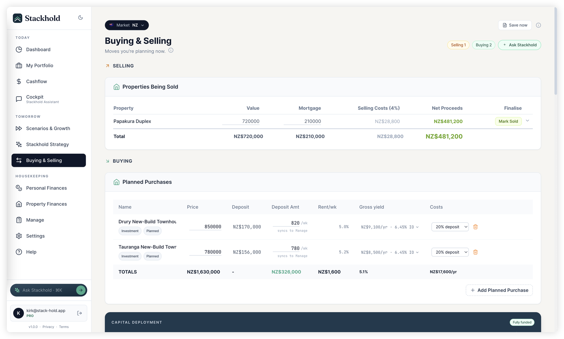 Stackhold buying and selling planner with sale proceeds, payoff, and reinvest flow