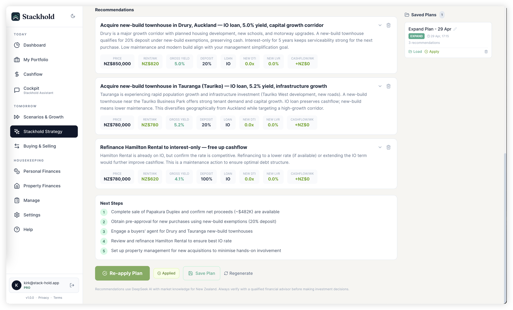 Stackhold strategy plan showing property recommendations, numbers and next steps with dates