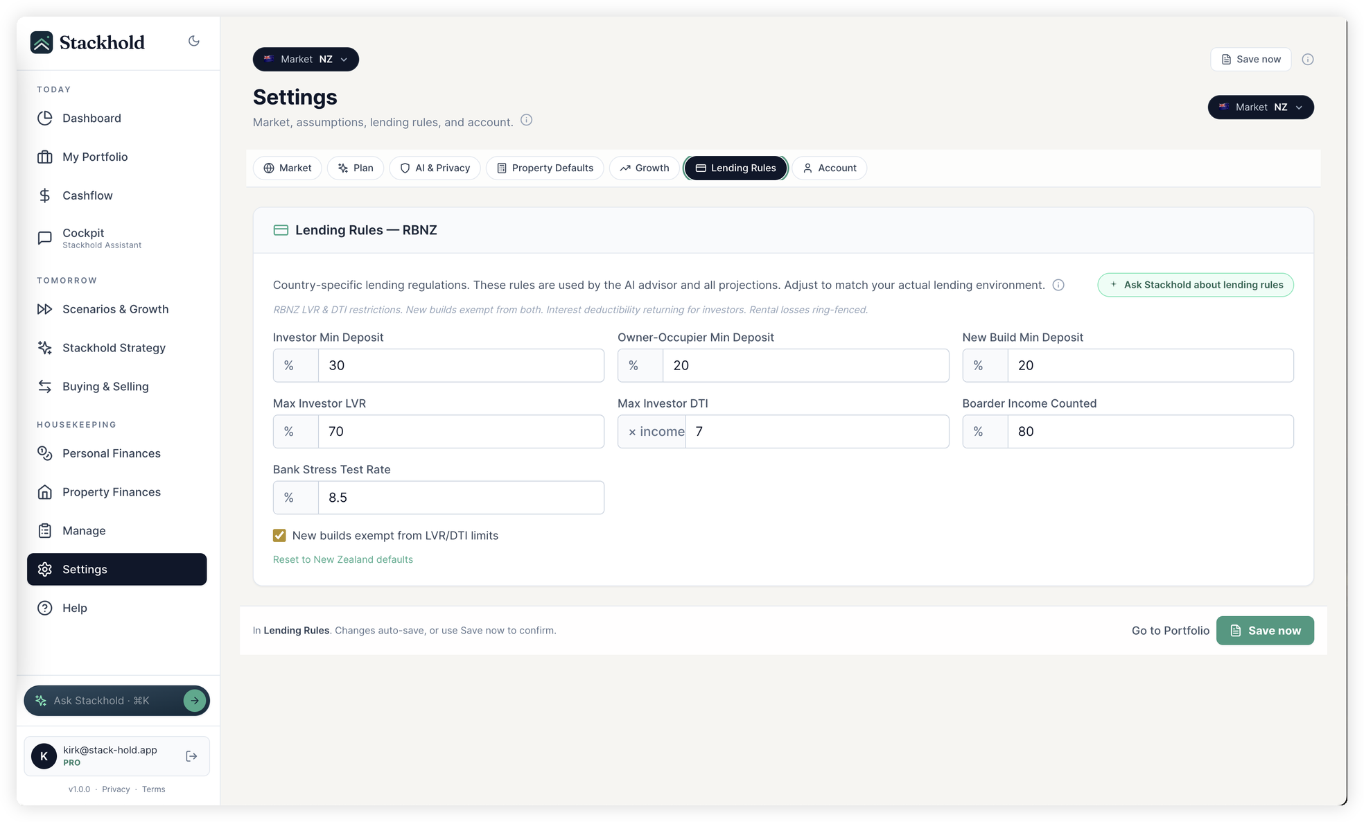 Stackhold lending rules screen showing DTI cap, LVR by use, and stress test rate